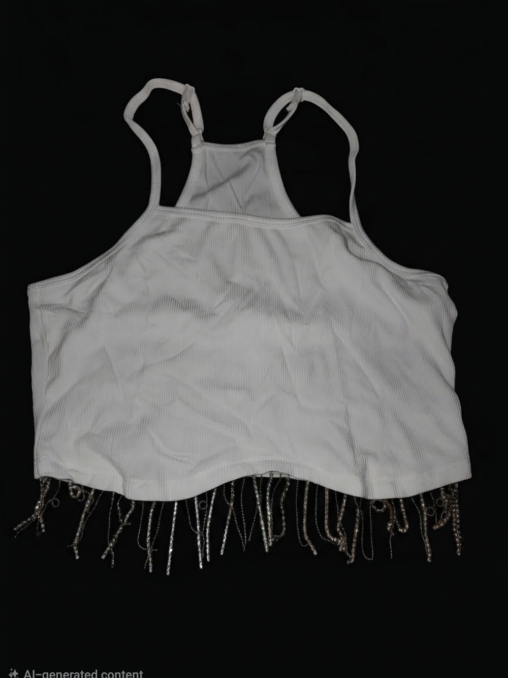 Source Unknown White Ribbed Halter Crop Top with Fringe